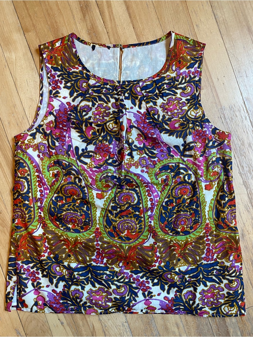 Sleeveless Multicolor Paisley Blouse 100% Cotton Lined Top Size L Quietluxury